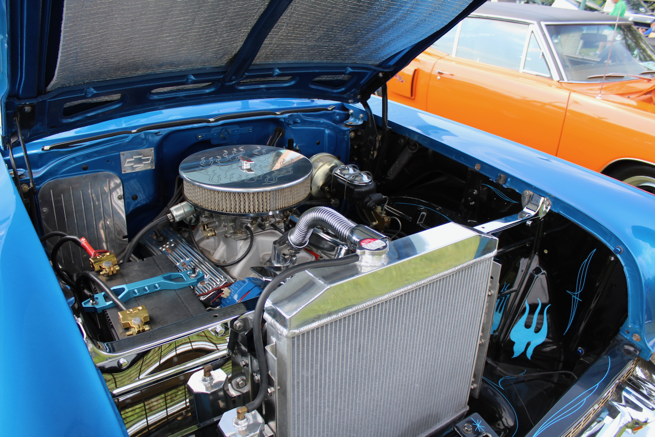 1957 Chevrolet Bel Air engine bay, detail view