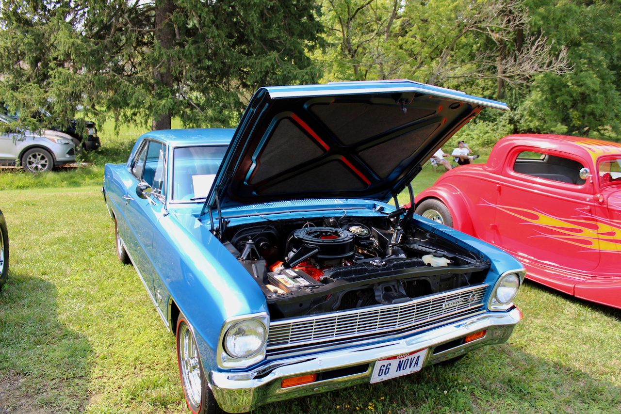 1966 Chevrolet Nova, light blue, hood open front three-quarter view