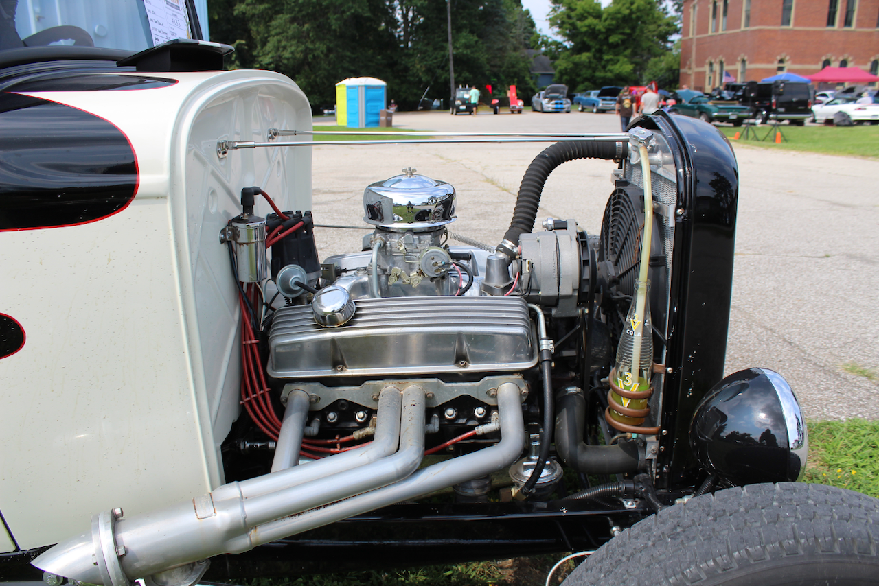 1930s hot rod coupe engine bay, detail view