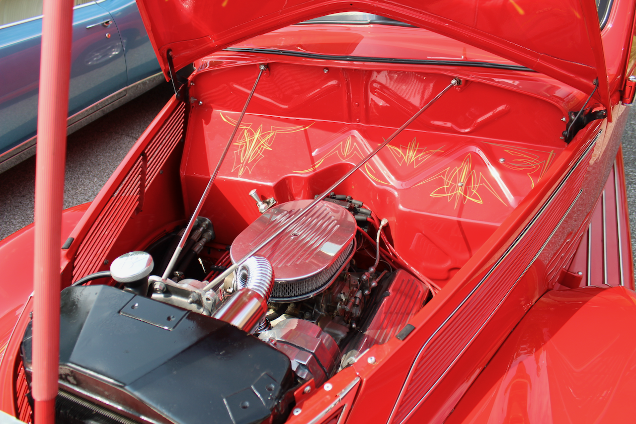 1937 Ford humpback sedan engine bay, detail view